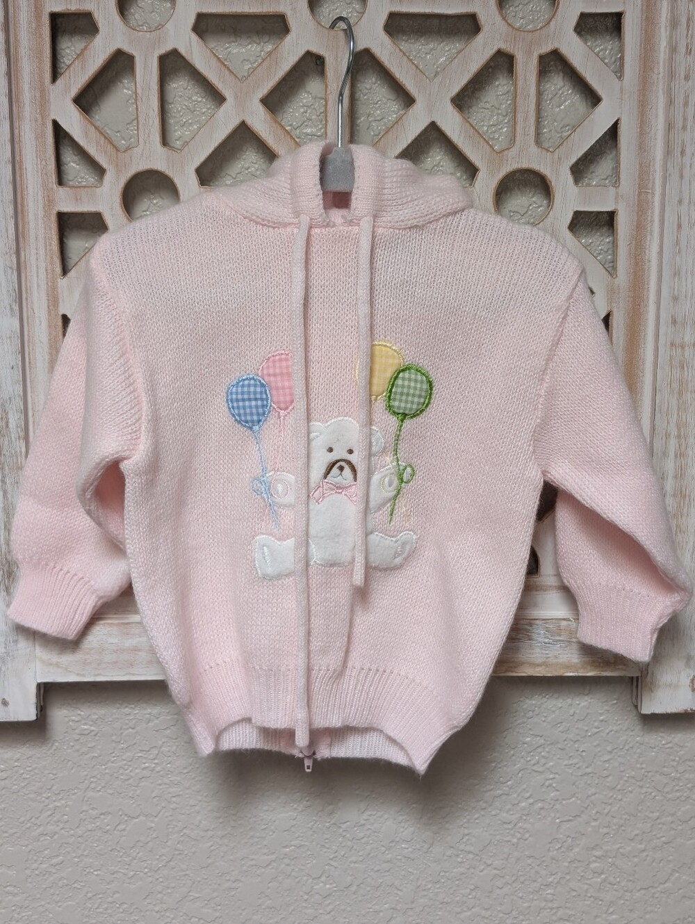 VTG Baby Kisses Toddler Girl 18 Mos Pink Knit Zip Back Bear Hooded Sweater